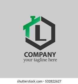 Initial letter L green black logo in the middle of vector home design icon with hexagonal shape, good logo for company, corporate, property, construction, real estate company/corporate