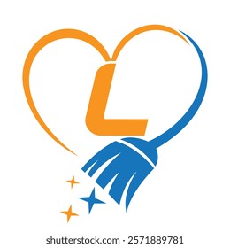 Initial Letter L House Clean Logo Concept With Cleaning Brush and Heart Symbol. Broom Sign