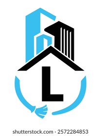 Initial Letter L Industrial Cleaning Logo Concept With Cleaning Brush and Building Symbol. Broom Sign