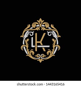 Initial letter L and K, LK, KL, decorative ornament emblem badge, overlapping monogram logo, elegant luxury silver gold color on black background