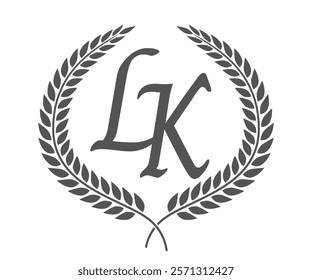 Initial letter L and K, LK monogram logo design with laurel wreath. Luxury calligraphy font.