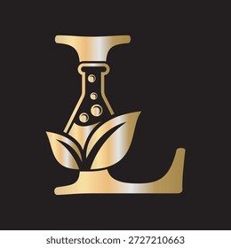 Diseño inicial del logotipo del laboratorio de la letra L combinado con el símbolo del tubo de ensayo y de la hoja