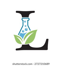 Diseño inicial del logotipo del laboratorio de la letra L combinado con el símbolo del tubo de ensayo y de la hoja