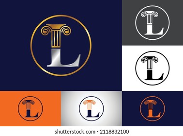 Letra inicial L con el diseño del logotipo del pilar de la ley. Plantilla de logotipo de vectores de oficina de ley
