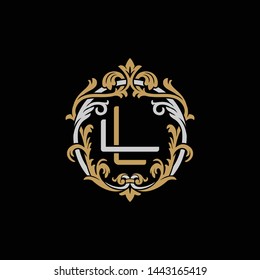 Initial letter L and L, LL, decorative ornament emblem badge, overlapping monogram logo, elegant luxury silver gold color on black background