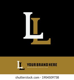 Überlappende Anfangsbuchstaben L oder L, Verriegelung, Monogramm-Logo, Weiß- und Goldfarbe auf schwarzem Hintergrund