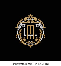 Initial letter L and M, LM, ML, decorative ornament emblem badge, overlapping monogram logo, elegant luxury silver gold color on black background