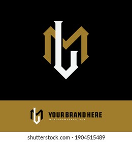 Initial letter L, M, LM or ML overlapping, interlock, monogram logo, white and gold color on black background