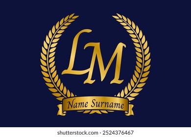 Initial letter L and M, LM monogram logo design with laurel wreath. Luxury golden calligraphy font.