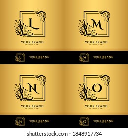 Initial letter L, M, N, O with leaf logo vector concept element, letter L, M, N, O logo with floral ornament. Square natural frame badge.