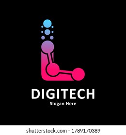 
Initial Letter L with molecule element and dots connection vector template logo. Suitable for biotechnology molecule atom DNA chip symbol, Medicine, science, technology, laboratory, electronics 