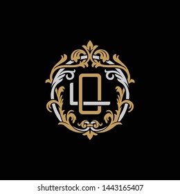 Initial letter L and O, LO, OL, decorative ornament emblem badge, overlapping monogram logo, elegant luxury silver gold color on black background