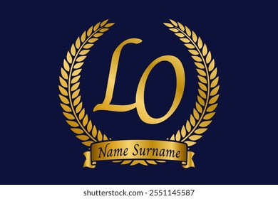 Initial letter L and O, LO monogram logo design with laurel wreath. Luxury golden calligraphy font.