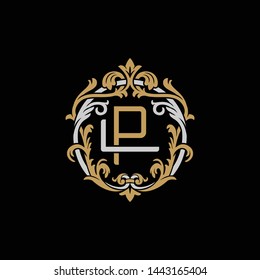 Initial letter L and P, LP, PL, decorative ornament emblem badge, overlapping monogram logo, elegant luxury silver gold color on black background