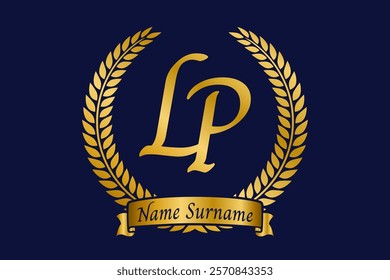 Initial letter L and P, LP monogram logo design with laurel wreath. Luxury golden calligraphy font.