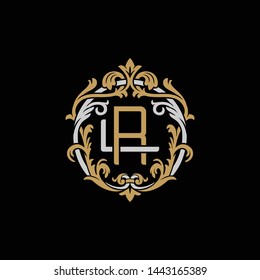 Initial letter L and R, LR, RL, decorative ornament emblem badge, overlapping monogram logo, elegant luxury silver gold color on black background