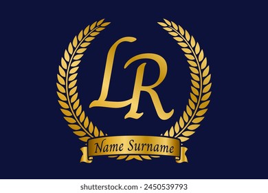 Initial letter L and R, LR monogram logo design with laurel wreath. Luxury golden calligraphy font.