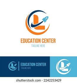 Letra inicial L con icono de cohete espacial para el éxito, centro educativo, aprendizaje rápido, idea con logotipo comercial de tecnología