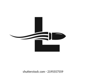 Letra inicial L Logotipo de bala de disparo con símbolo de arma de concepto para seguridad y protección