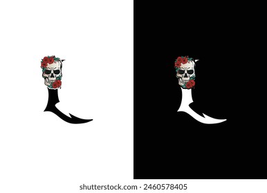 Initial Letter L Skull Logo Design. Minimale Silhouette Totenkopf Logo Vektorgrafik mit Buchstabe L Logo Design Illustration.