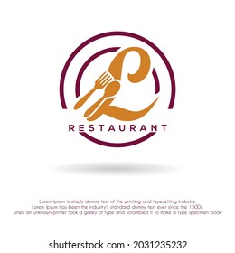 Letra inicial l con icono de cuchara y horquilla para restaurante, comedor, cafetería, cafetería, comida, cocina comercial concepto de diseño de logotipo comercial