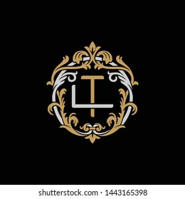 Initial letter L and T, LT, TL, decorative ornament emblem badge, overlapping monogram logo, elegant luxury silver gold color on black background