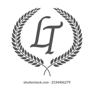 Letra inicial L e T, LT monograma design logotipo com coroa de louro. Fonte de caligrafia de luxo.