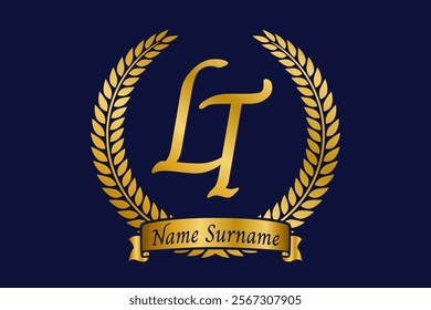 Initial letter L and T, LT monogram logo design with laurel wreath. Luxury golden calligraphy font.