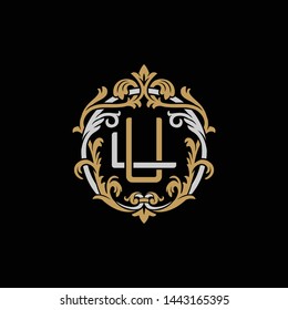 Initial letter L and U, LU, UL, decorative ornament emblem badge, overlapping monogram logo, elegant luxury silver gold color on black background