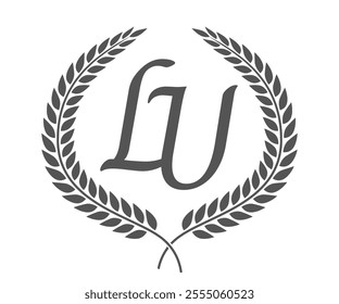 Initial letter L and U, LU monogram logo design with laurel wreath. Luxury calligraphy font.