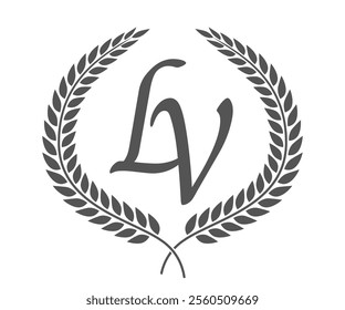 Initial letter L and V, LV monogram logo design with laurel wreath. Luxury calligraphy font.