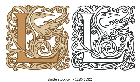 Initial letter L with vintage Baroque decorations. Two vector uppercase letters L in beige and black-white colors. Beautiful filigree capital letter to use for monogram, logo, emblem, card, invitation