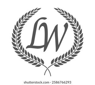 Initial letter L and W, LW monogram logo design with laurel wreath. Luxury calligraphy font.