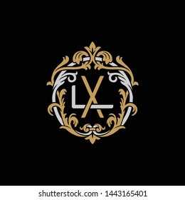 Initial letter L and X, LX, XL, decorative ornament emblem badge, overlapping monogram logo, elegant luxury silver gold color on black background