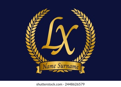 Initial letter L and X, LX monogram logo design with laurel wreath. Luxury golden calligraphy font.