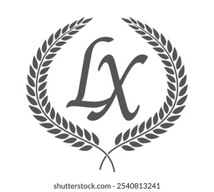 Initial letter L and X, LX monogram logo design with laurel wreath. Luxury calligraphy font.
