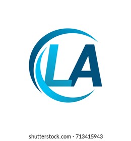 initial letter LA logotype company name blue circle and swoosh design. vector logo for business and company identity.