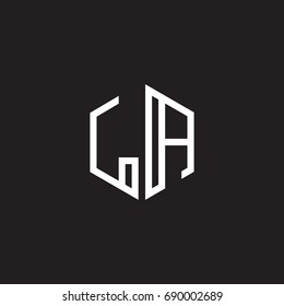 Initial letter LA, minimalist line art monogram hexagon shape logo, white color on black background