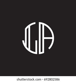 Initial letter LA, minimalist line art monogram circle shape logo, white color on black background