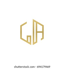 Initial letter LA, minimalist line art hexagon shape logo, gold color