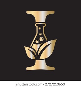 Letra inicial I diseño de logotipo de laboratorio combinado con tubo de ensayo y símbolo de hoja