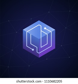 Initial letter LD, LO, block chain, looping mono line circuit letter on hexagon cube logo, blue magenta gradient color on black blue network background
