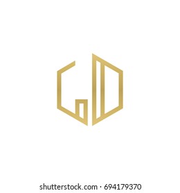 Initial letter LD, LO, minimalist line art hexagon shape logo, gold color