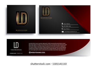 initial letter LD logotype company name colored gold elegant design. Vector sets for business identity on black background.