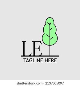Initial letter LE with green tree logo. Minimal, simple and unique.