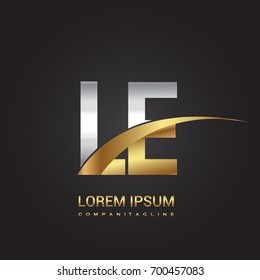 initial letter LE logotype company name colored gold and silver swoosh design. isolated on black background.