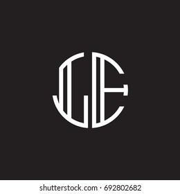 Initial letter LE, minimalist line art monogram circle shape logo, white color on black background