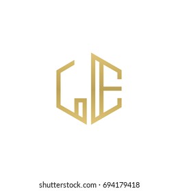 Initial letter LE, minimalist line art hexagon shape logo, gold color