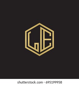 Initial letter LE, minimalist line art hexagon logo, gold color on black background