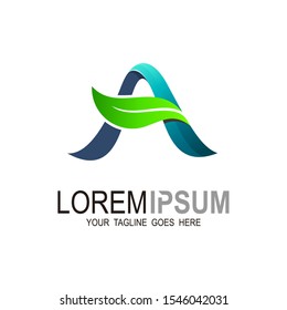 Initial Letter A With Leaf Logo, Green eco Letter A Logo Template Design